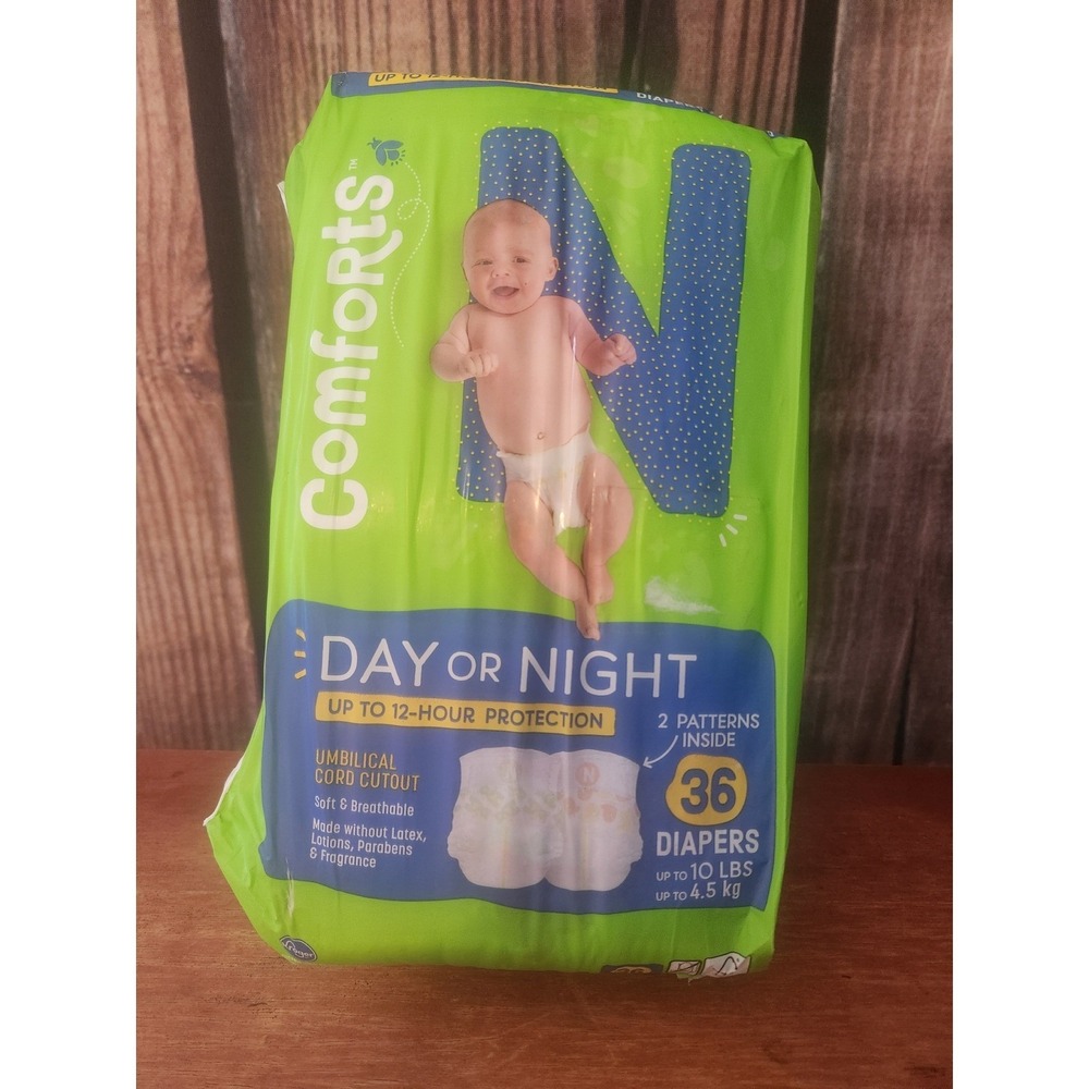 Comforts Day or Night Newborn Diapers Size N to 10 lbs 36 Count Umbilical Cutout